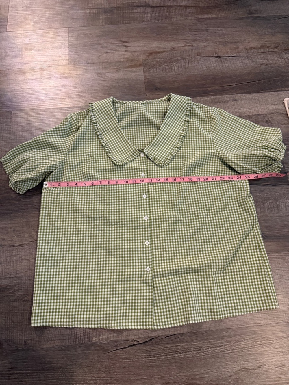 Green Gingham Button-Down Shirt with Peter Pan Collar